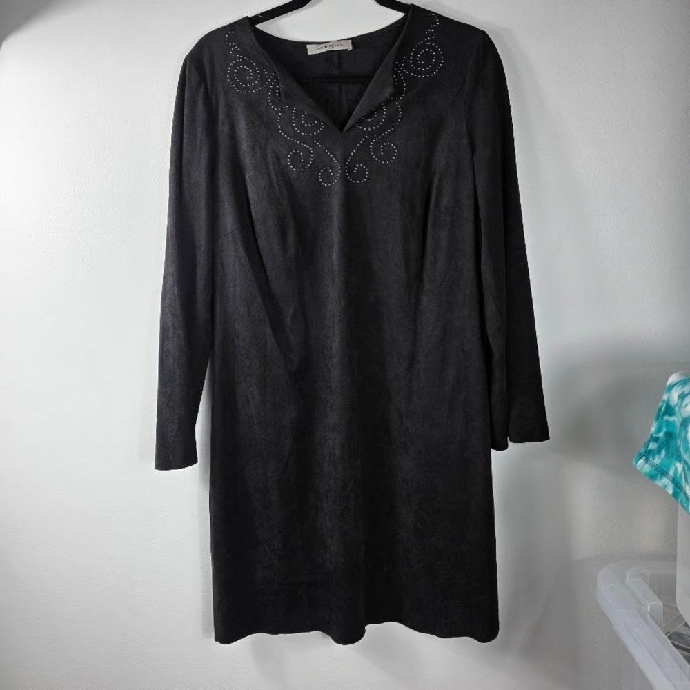 Laundry by Design Black Suede Like V-Neck Embellished Long Sleeve Dress Size 10